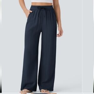 High Waisted Drawstring Pocket Wide Leg Casual Linen-Feel Pant